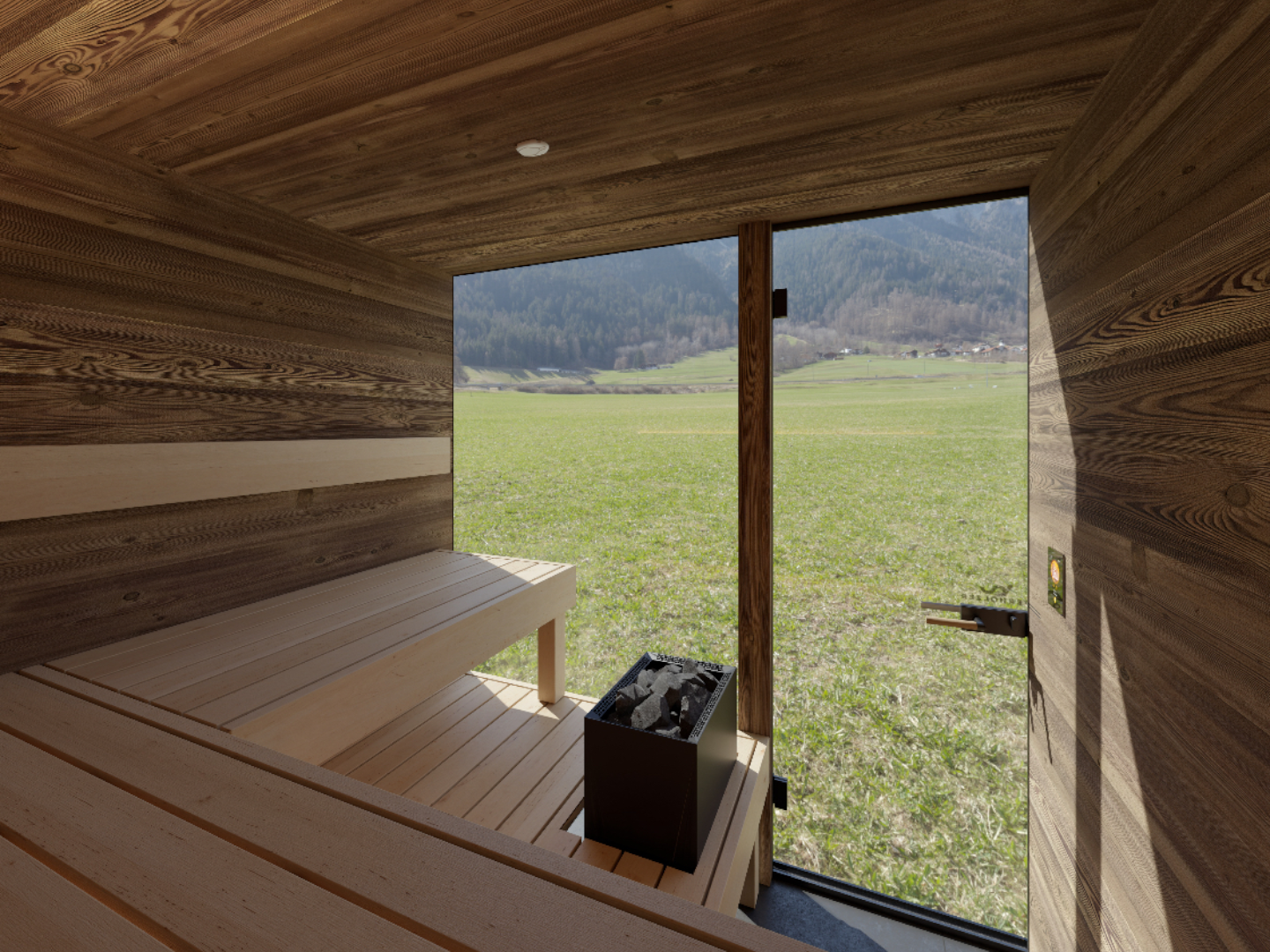 Sauna Panorama One Innenraum Holzbänke