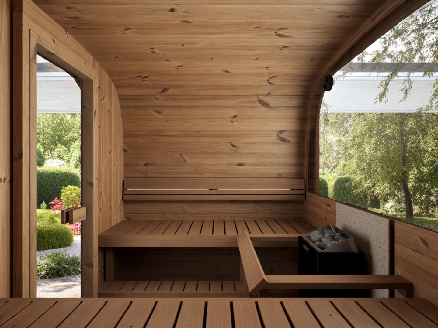 Sauna Cube L Innenraum mit Bänken