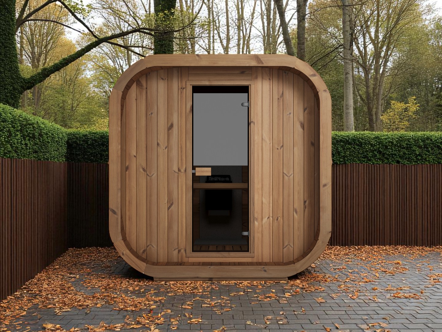 Gartensauna Cube L Außenansicht im Garten